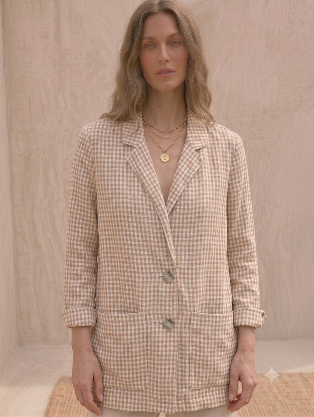 100% Linen Gingham Caldwell Blazer Madewell Women's Size Small Beige Tan EUC